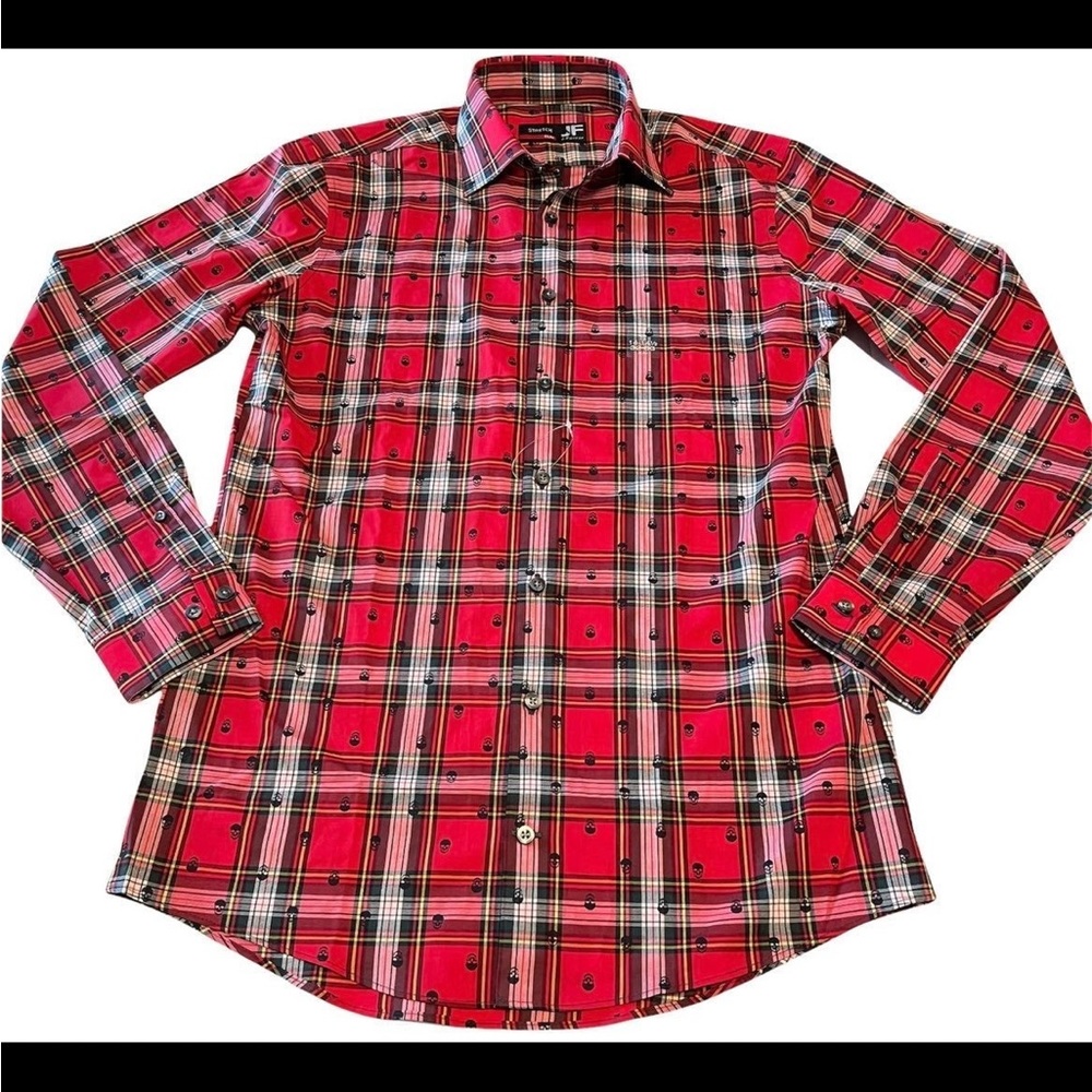 JF J.Ferrar Red Tartan Plaid Skull Slim Fit‎ Stretch Long Sleeve Shirt Small NEW